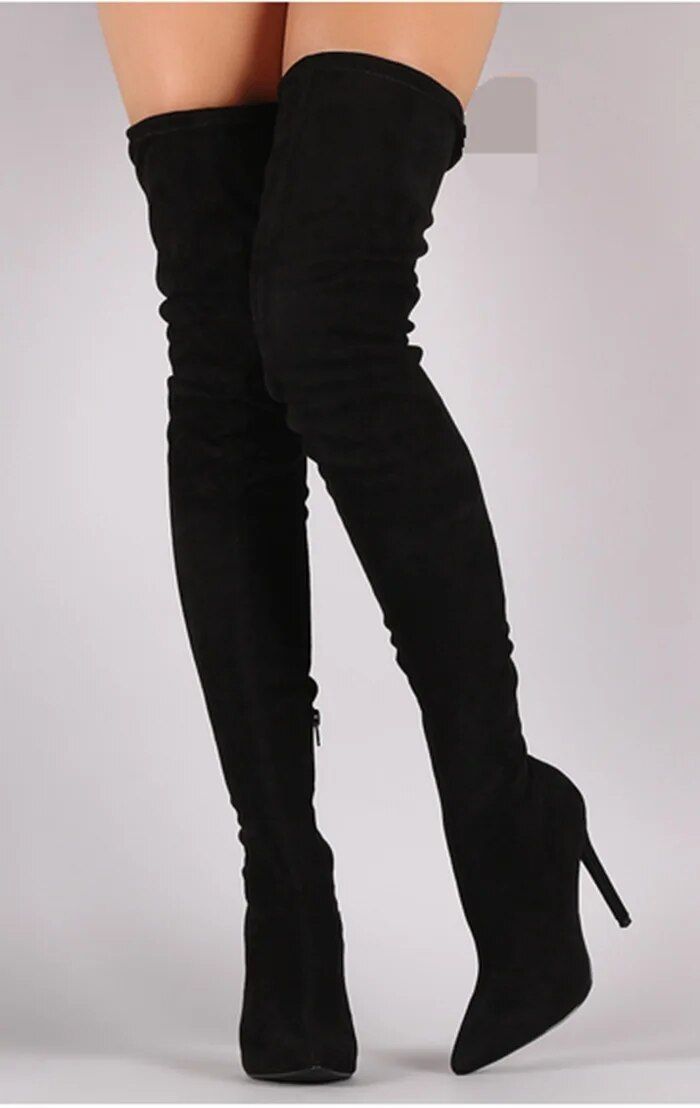 VCSHOES High Heels Purple Stretch Thigh Boots Pointed Toe Solid Suede Socks Boots Women Over Knee Boots Outfit Street High Boots army green-34 Over Knee Boots Outfit, Suede Thigh High Boots, Short Sleeve Bridesmaid Dress, Heels Purple, Elastic Boots, Knee Boots Outfit, Buyable Pins, Over Knee Boots, Womens Suede Boots