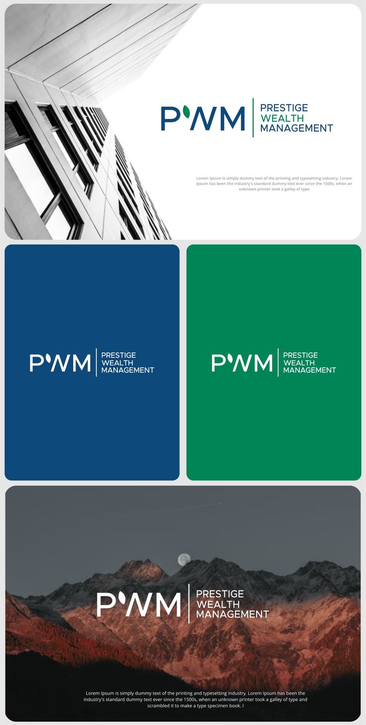 the logo for p & m is shown in three different colors and font, along with an image of mountains