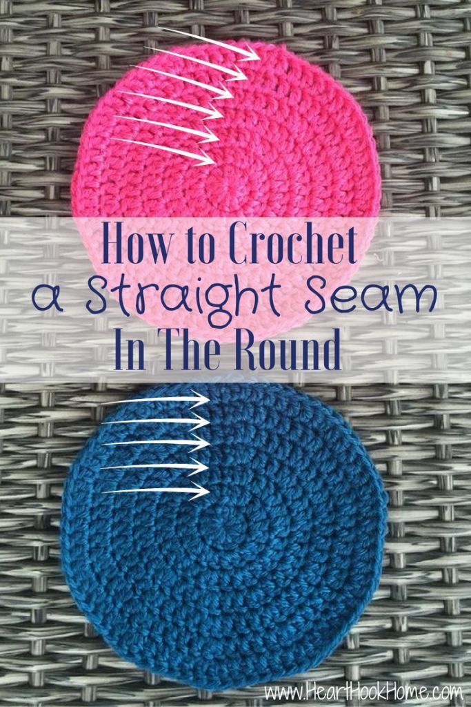 two crocheted coasters with the words how to crochet a straight seam in the round