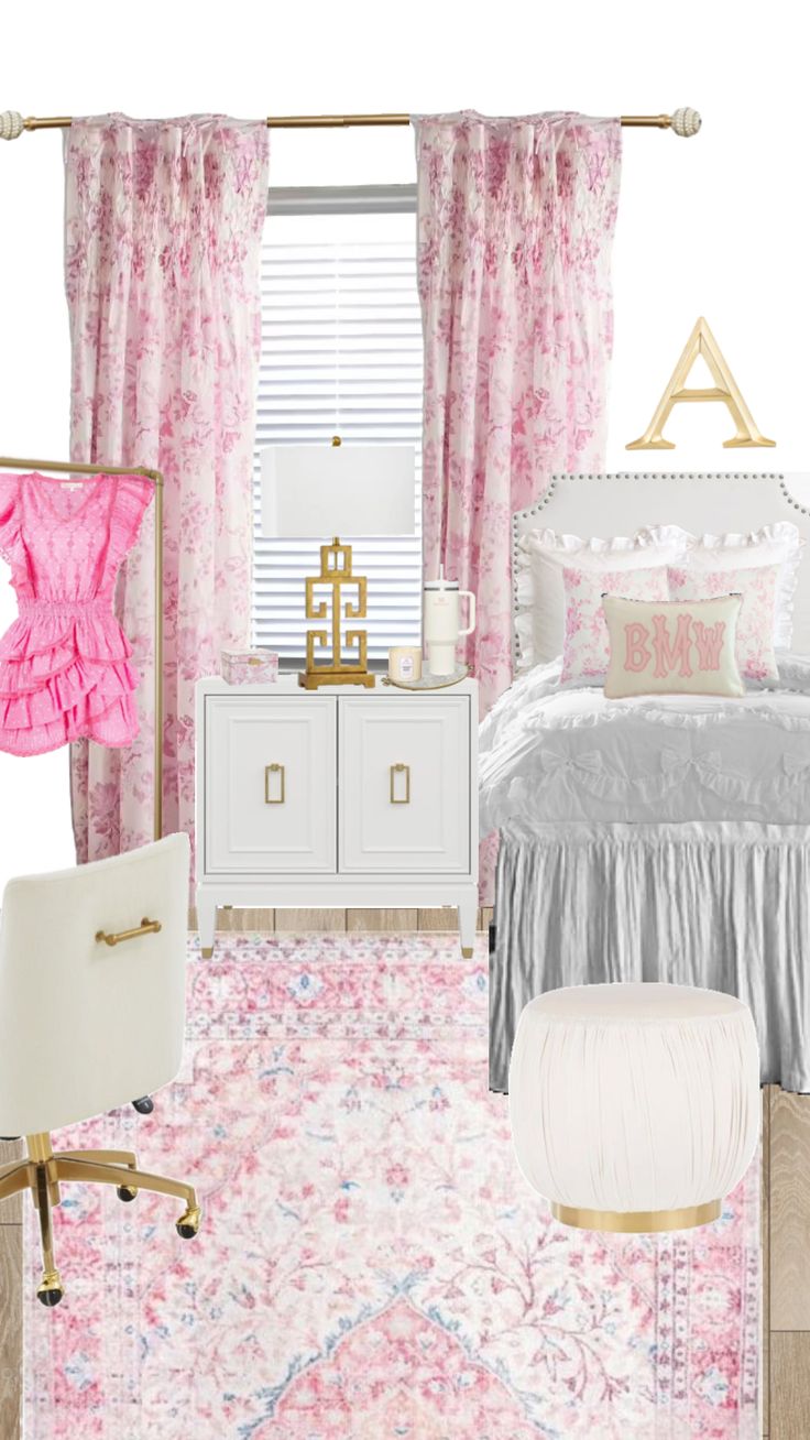 a bedroom decorated in pink and silver with accessories on the bed, dresser, chair, rug