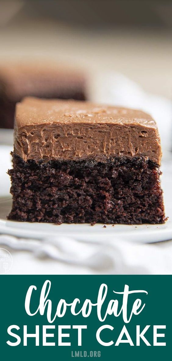 chocolate sheet cake on a white plate with text overlay