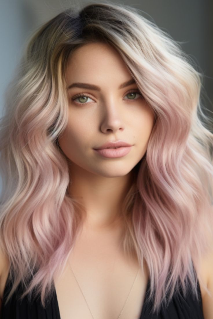 Blushing blonde with pink hues adds a romantic and youthful touch to your look. The soft pink highlights blend seamlessly into a blonde base. Click here to check out more gorgeous hair highlight ideas for every base shade. Pink Babylights, Platinum Pink Hair, Blush Blonde Hair, Blonde Lob With Bangs, Blonde And Pink Hair, Blonde Hair With Pink Highlights, Blonde Hair Pale Skin, Pink Short Hair, Shoulder Length Blonde