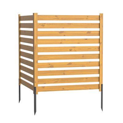 a wooden headboard with metal legs and slatted wood panels on the sides