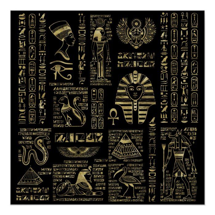 egyptian symbols and their meanings in gold on black canvas wall art print by designbyte