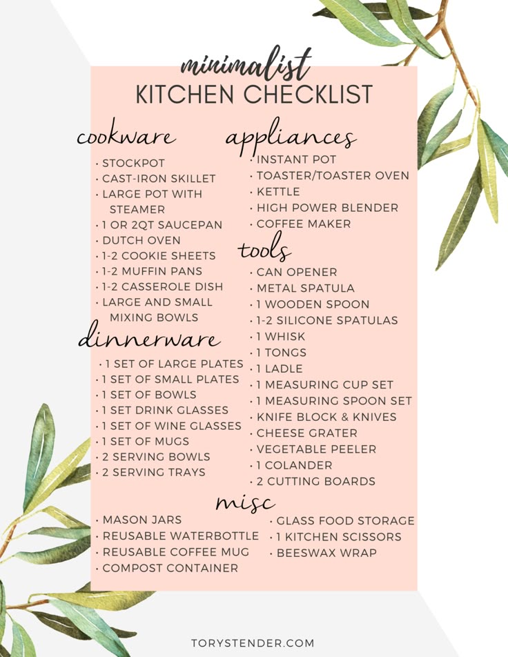 the minimalist kitchen checklist is shown in pink and white with green leaves on it