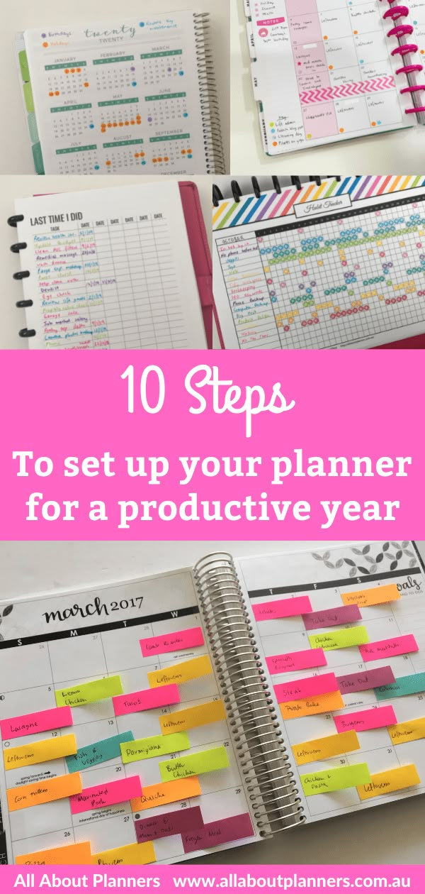 a planner with sticky notes on it and the words 10 steps to set up your planner for