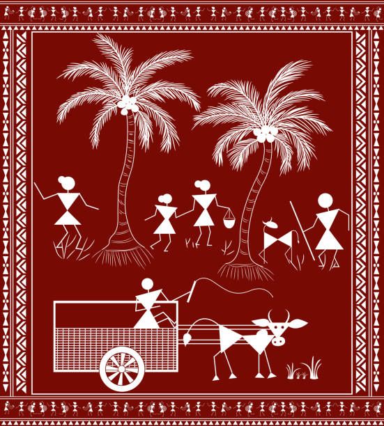 a red bandanna with white silhouettes of people and palm trees