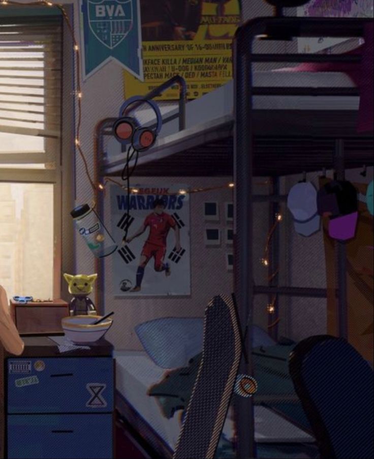 a bedroom with bunk beds and posters on the walls, windows, and desks