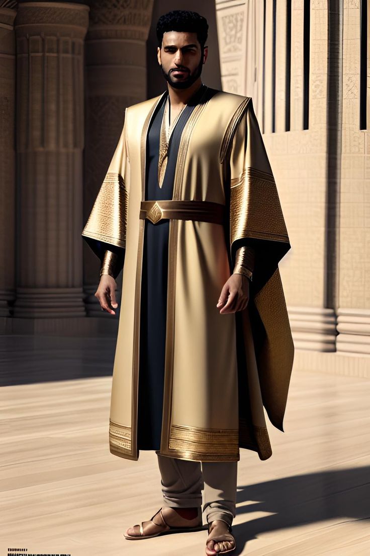 Arab Male Fashion, Egyptian Fantasy Clothes Male, Egypt Fashion Men, Egyptian Fashion Men, Desert Clothing Male, Egyptian Outfit Male, Egyptian Clothing Male, Egyptian Character Design Male, Wizard Outfit Design Male