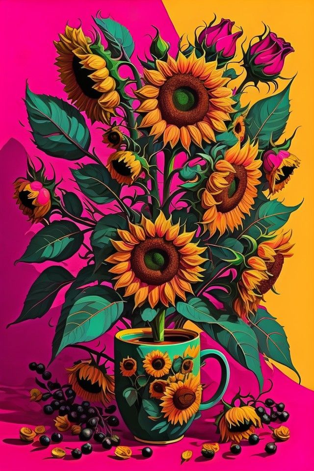 a painting of sunflowers in a coffee cup on a pink and yellow background