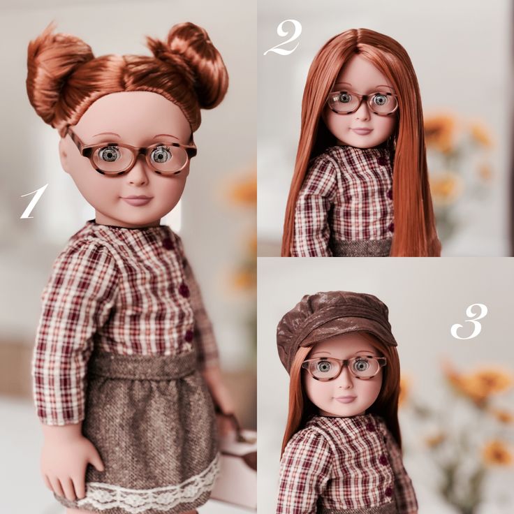 the doll is wearing glasses and a plaid dress