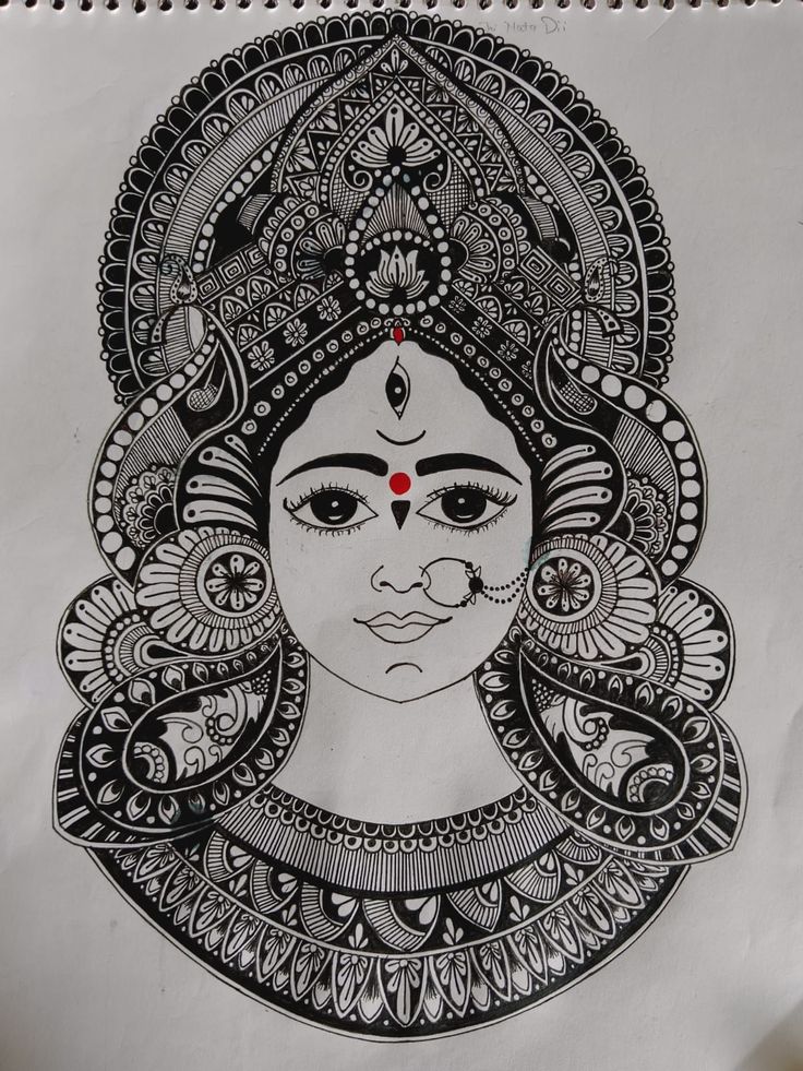 a drawing of a woman's face in black and white with an intricate headdress