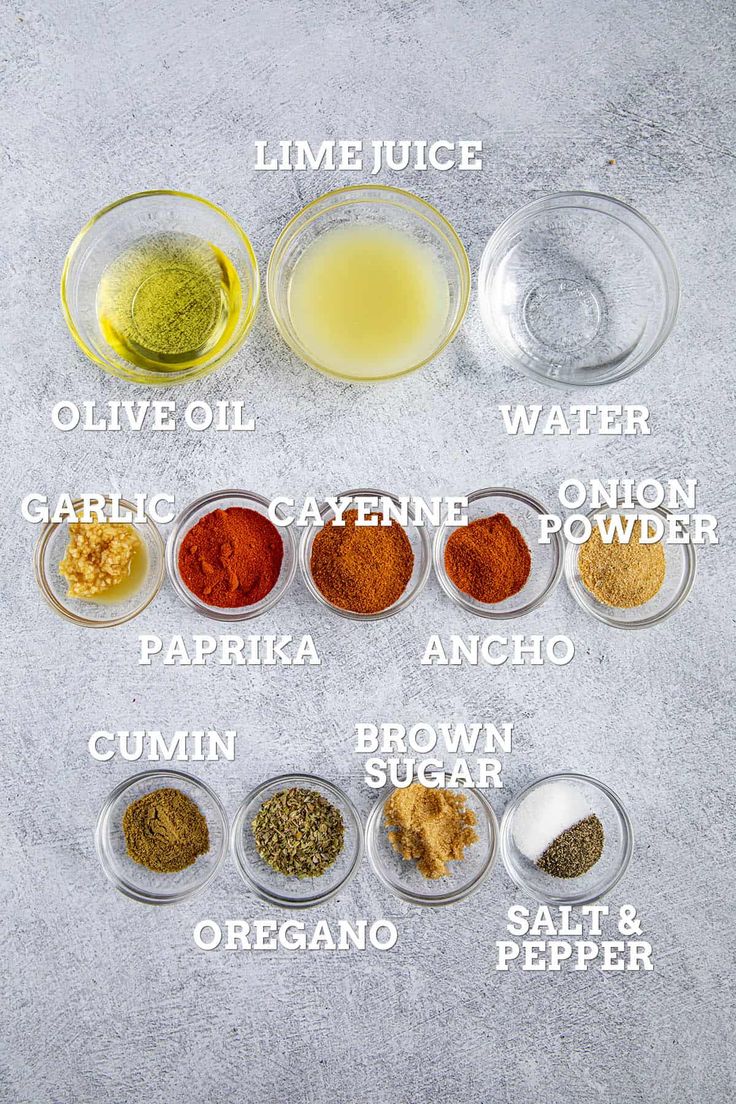 the ingredients to make this recipe are shown in small bowls and labeled with different types of spices