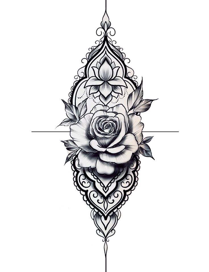 a rose tattoo design on the back of a woman's shoulder, with leaves and flowers