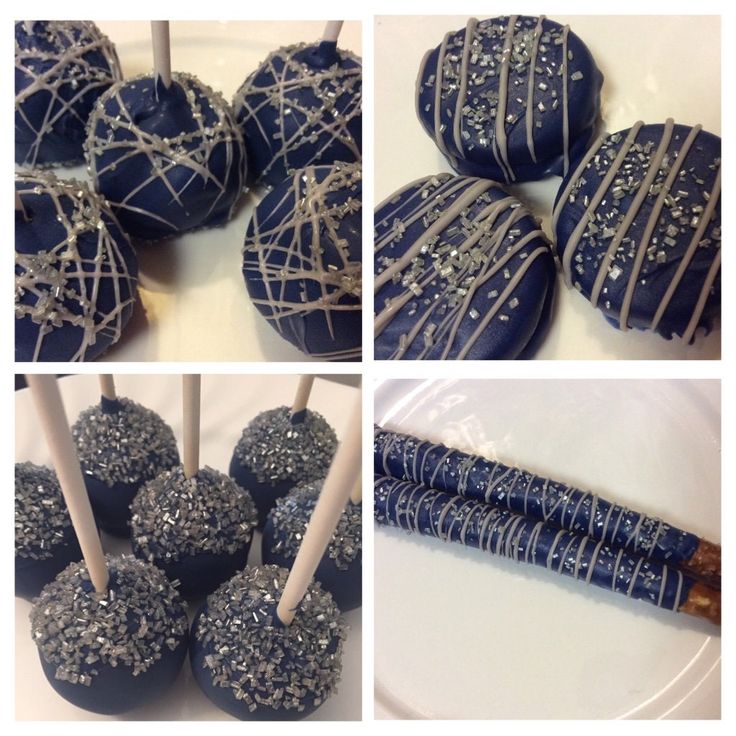 four different pictures of blue cake pops with white sprinkles and chocolate sticks