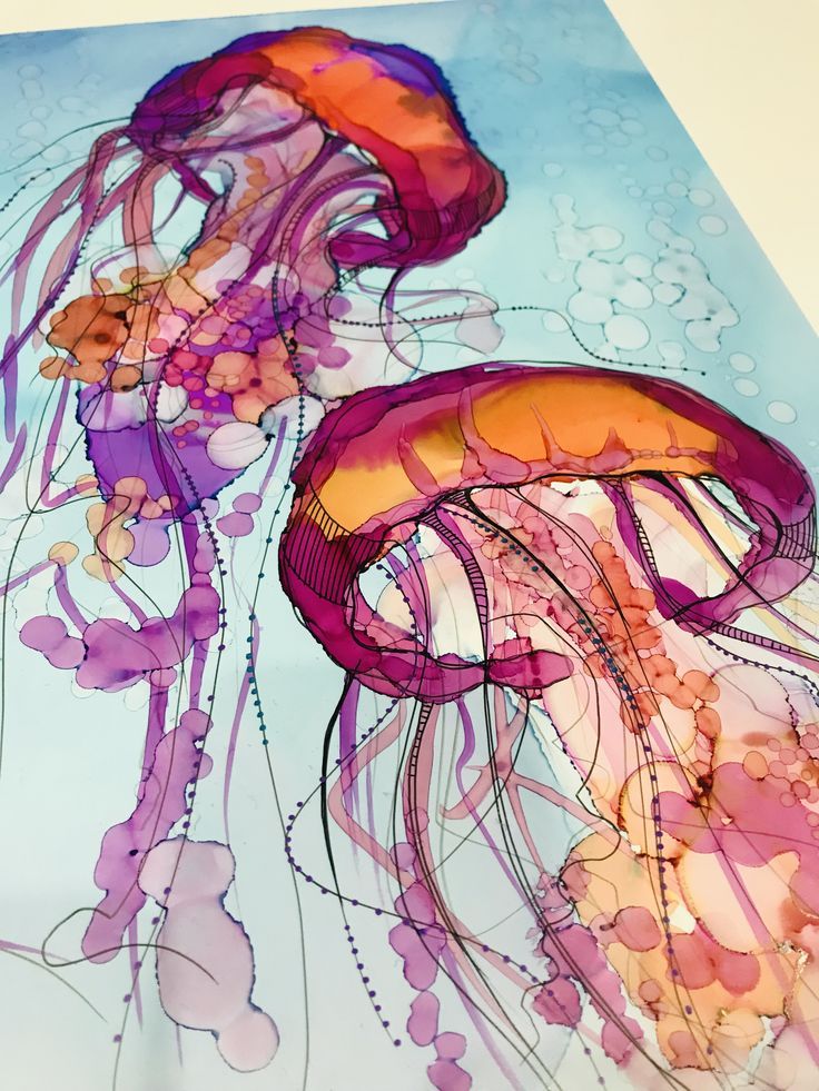 a painting of jellyfish in purple and orange colors