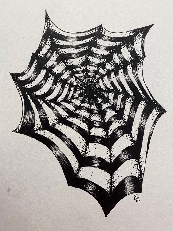 a black and white drawing of a spider web