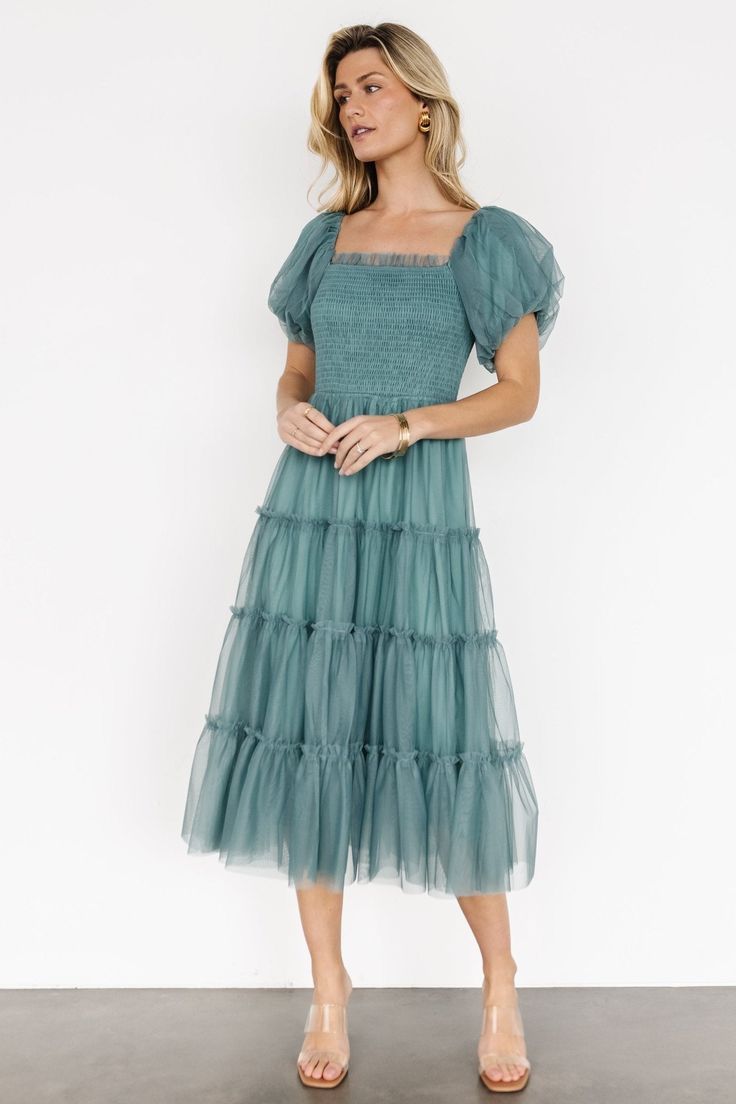 Liv Tulle Midi Dress | Eucalyptus Eucalyptus Color, Midi Tulle Dress, Tulle Midi Dress, Tulle Material, Green Eucalyptus, Tiered Midi Skirt, Baltic Born, Midi Dress Style, Dress Dusty