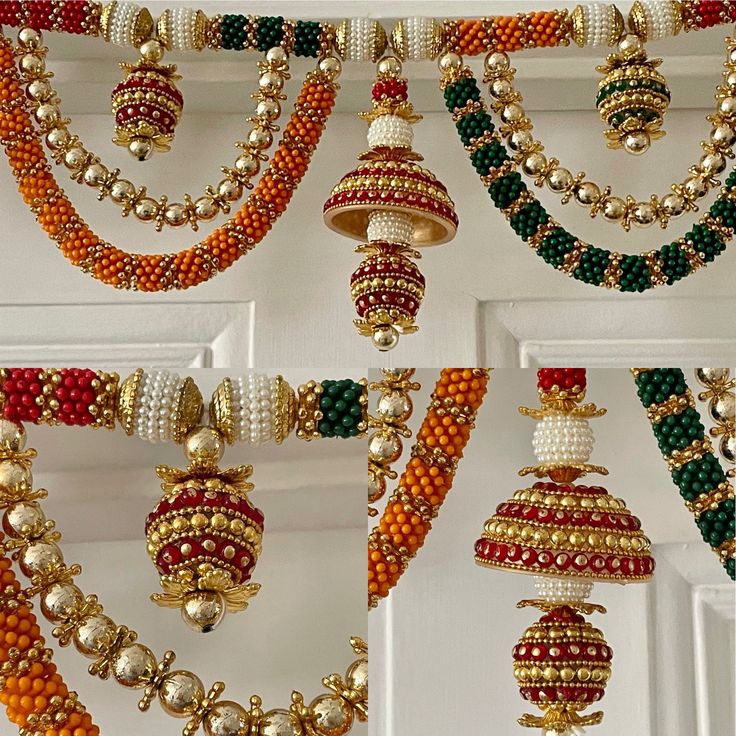 many different types of necklaces hanging from a door frame with beads and bells attached to them