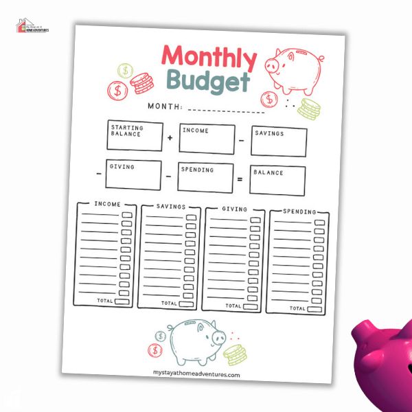 a pink piggy bank sitting next to a printable budget sheet