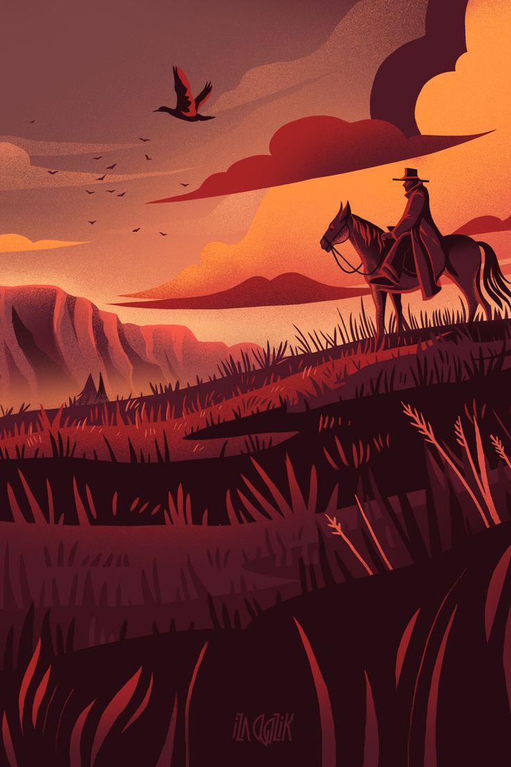 a man riding on the back of a horse across a lush green field under a sunset