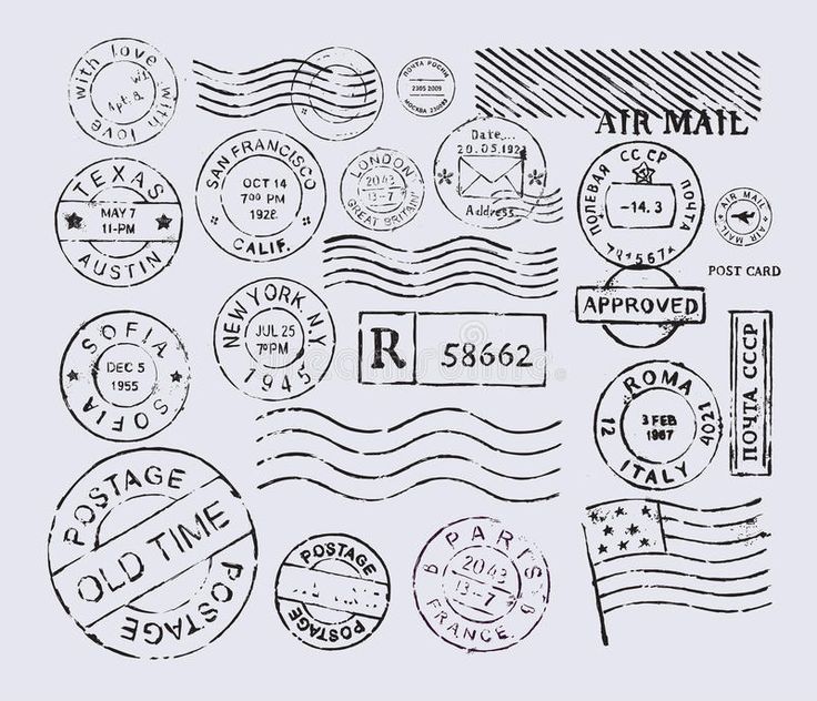 various stamps with the name and date on them, all in different shapes and sizes