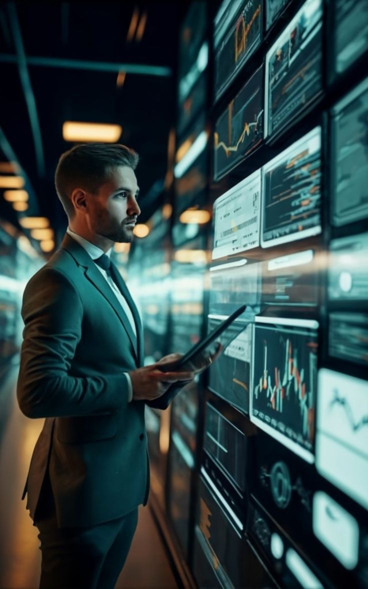 a man in a suit is looking at graphs on a large screen while holding a tablet