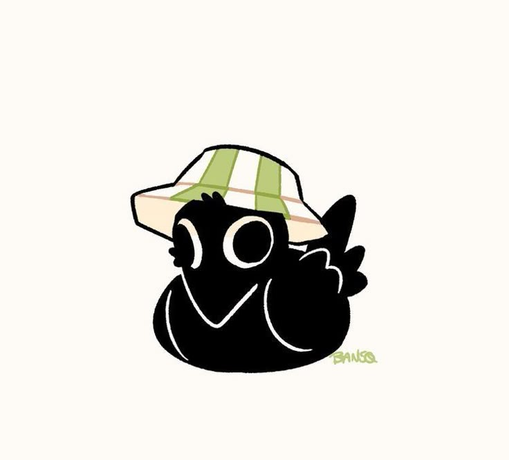 a black bird wearing a green and white hat