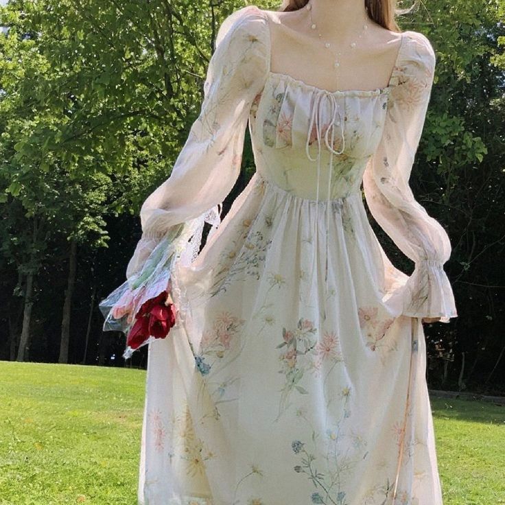 Lasaky - Elegant Long-Sleeved Snowflake Wrap Dress Venus Flowers, Flowers Fairycore, Fairycore Princess, Deer Doll, Long Sleeve Chiffon Dress, Dress Elegant Long, Floral Chiffon Dress, Chiffon Floral, White Floral Dress