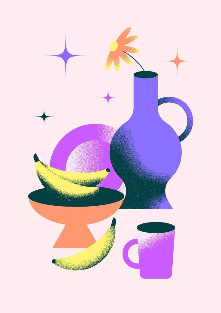 a vase with a flower and two bananas on a plate next to a coffee cup