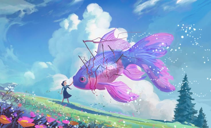 a person flying a kite in the sky over a flower covered field with a pink fish