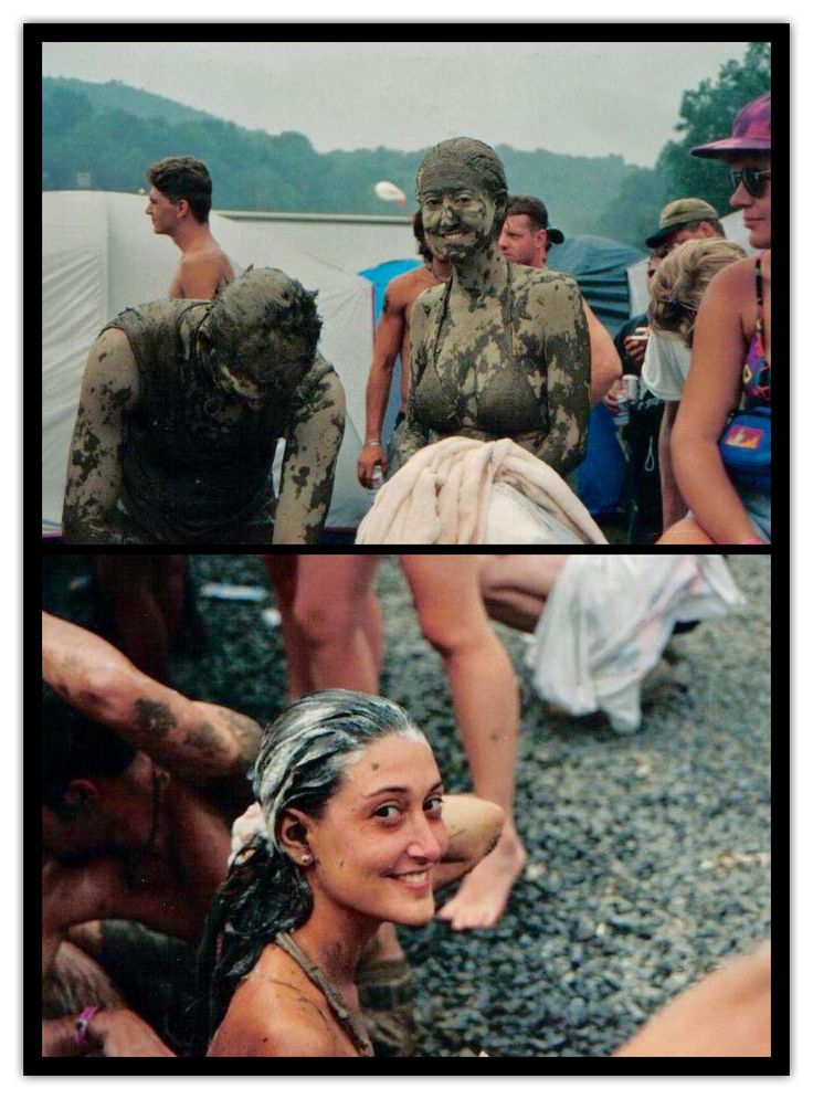 two pictures of people covered in mud