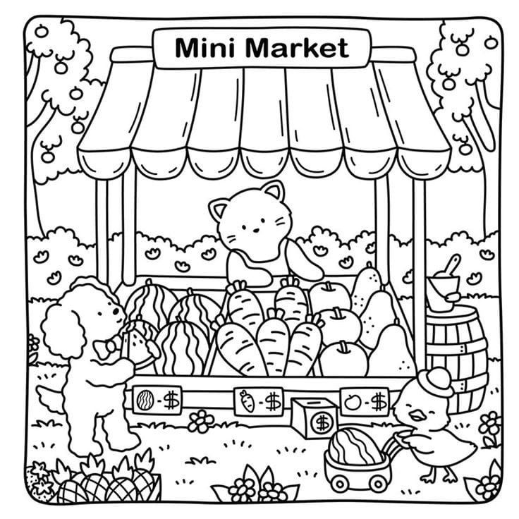 a black and white coloring page with an image of a small market stand in the background