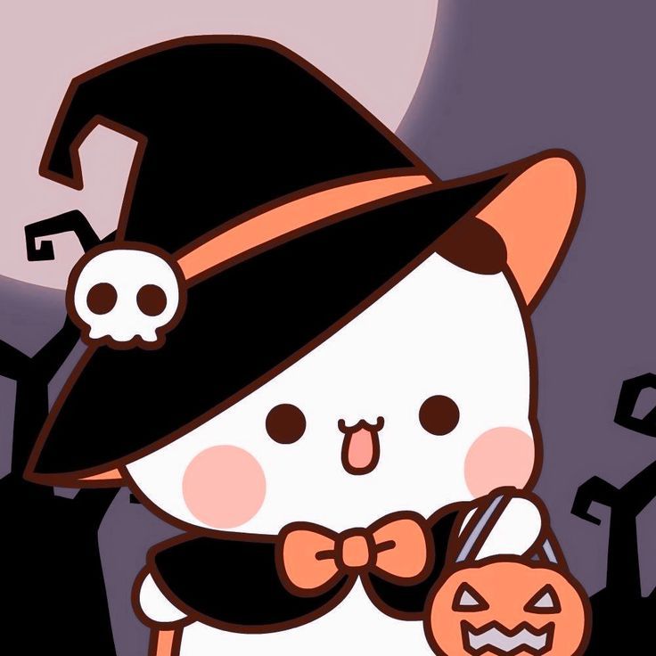 a cartoon cat wearing a witches hat and holding a pumpkin