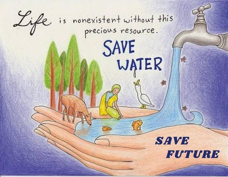 a hand holding a water faucet with trees and animals on it, says save water