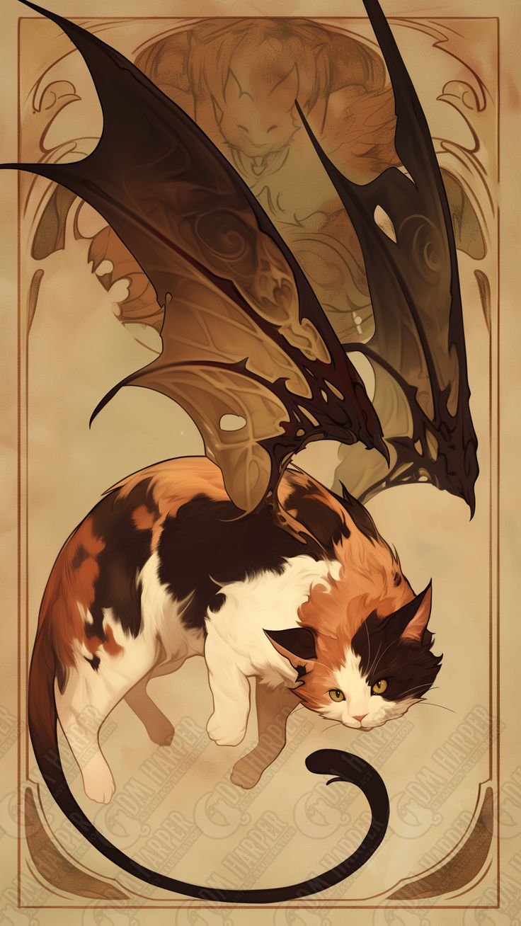 a cat with wings on its back standing in front of a dragon's tail