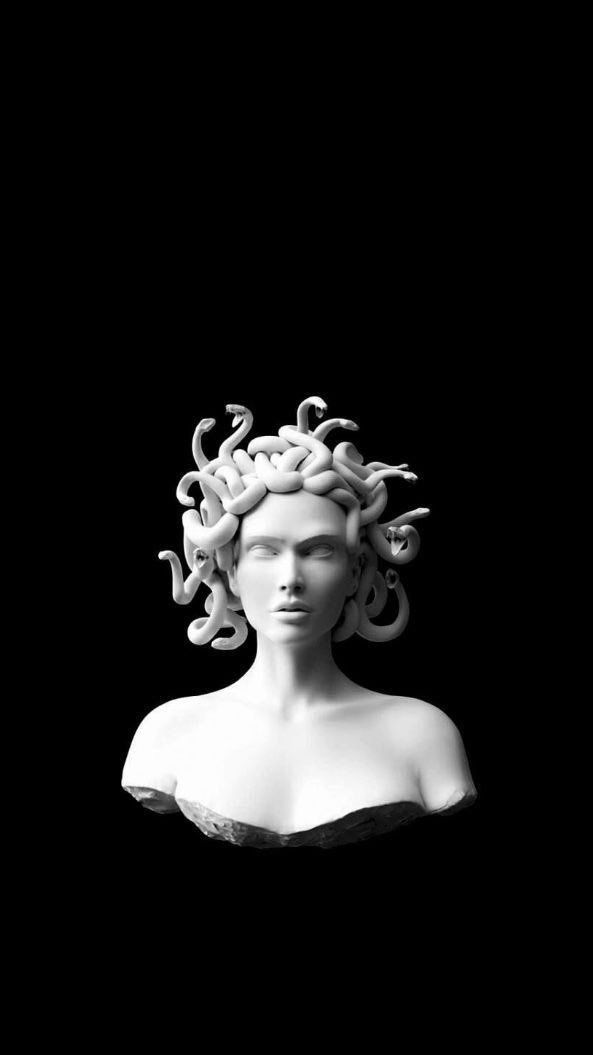 a white busturine with curly hair and curls on it's head, against a black background