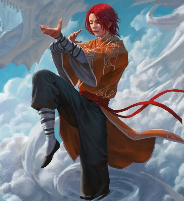 a man with red hair is in the air above clouds and a dragon behind him