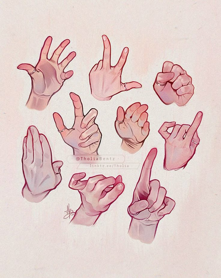 several different hand gestures are shown in this drawing style, including one pointing at the viewer