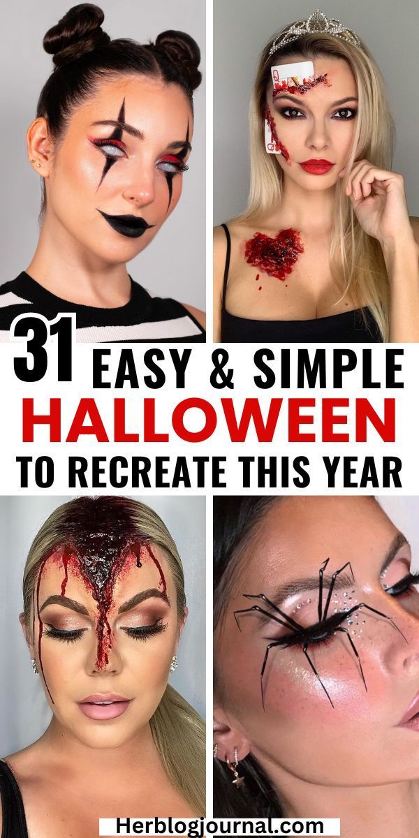 halloween makeup looks and ideas Easy Women Halloween Makeup, Easy Halloween Scary Makeup, Scary Ballerina Makeup, Couples Halloween Costume Makeup, Easy Gory Halloween Makeup, Dark Eye Makeup Halloween, Spooky Halloween Makeup Easy, Halloween Prom Queen Makeup, Voodoo Doll Makeup Easy