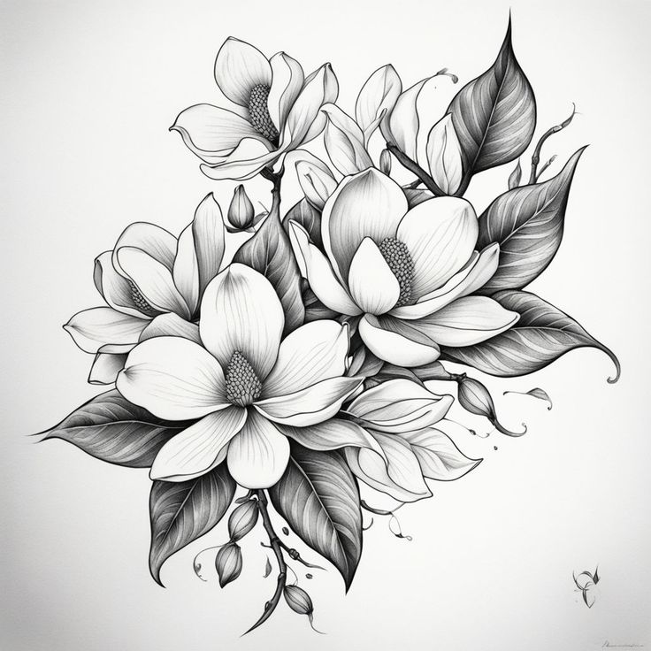 a black and white drawing of flowers with leaves on the bottom half of their petals