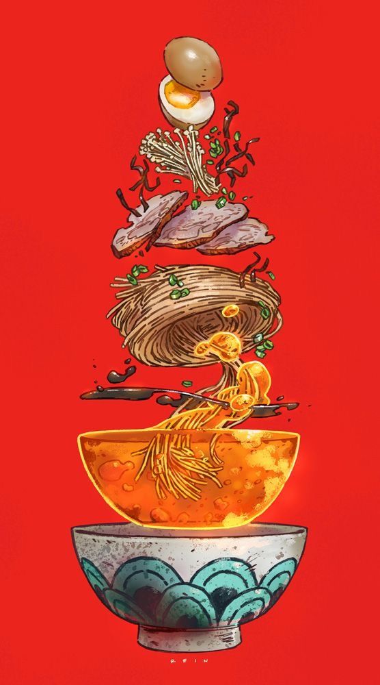 an illustration of food stacked on top of each other in a bowl with noodles and vegetables