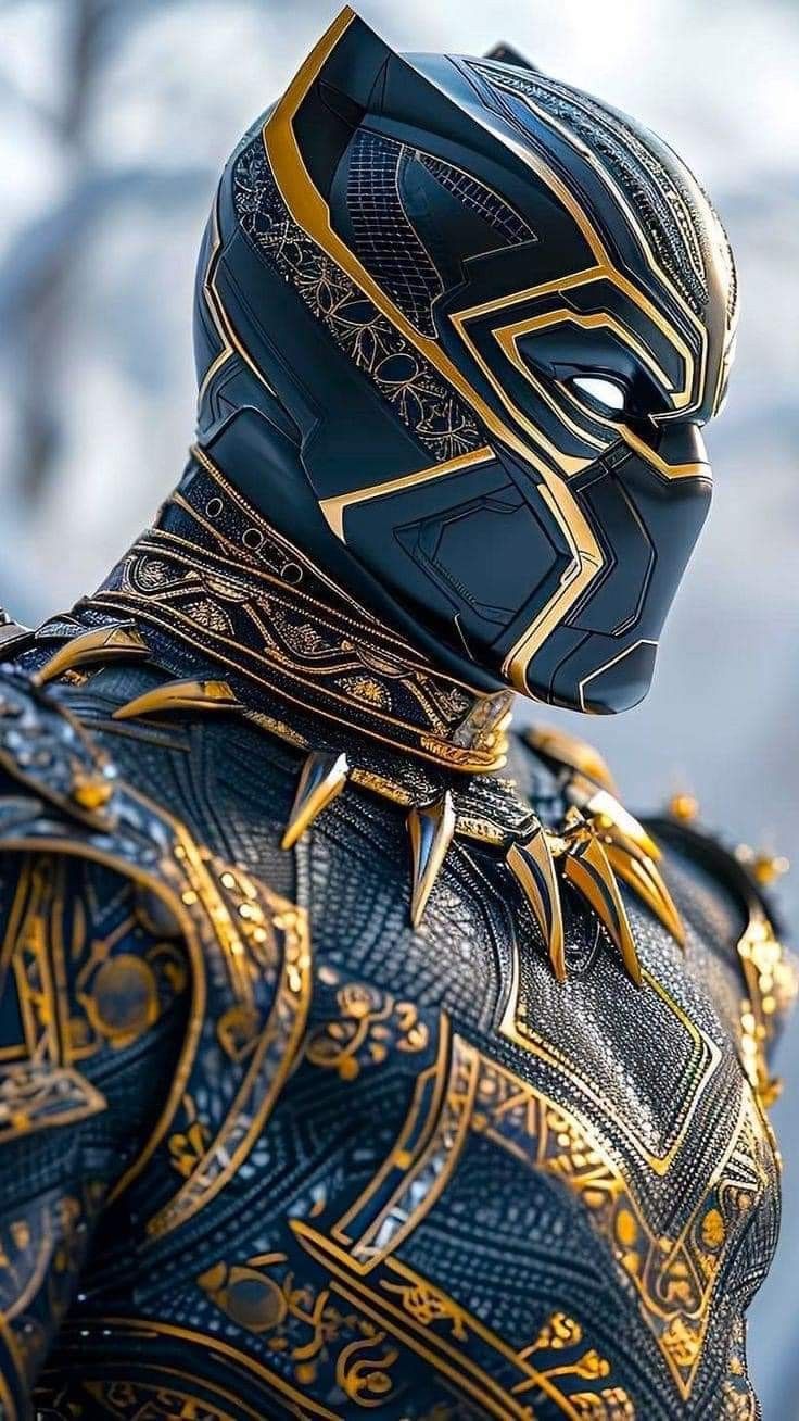 a man dressed in black and gold armor