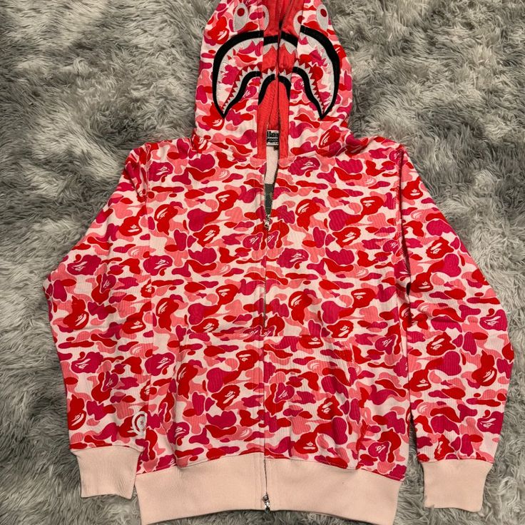 Bape Big Abc Pink Camo Shark Wide Full Zip Double Hoodie Mens Large Bape Pink Camo Hoodie, Pink Camo Bape Hoodie, Pink Bape Hoodies, Bape Abc Shark Full Zip Hoodie Pink, Bape Pink, Ovo Hoodie, Double Hoodie, Bape Shirt, Bape Hoodie