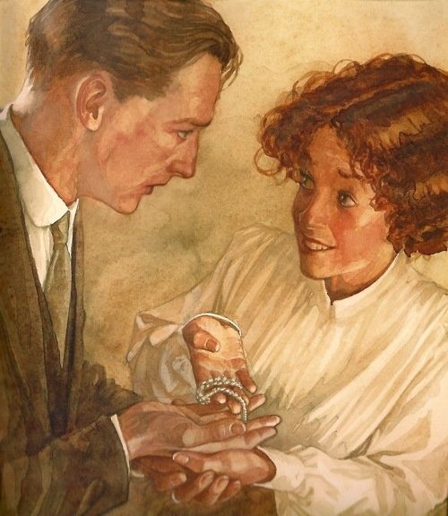 a painting of a man holding a woman's hand and looking at her ring