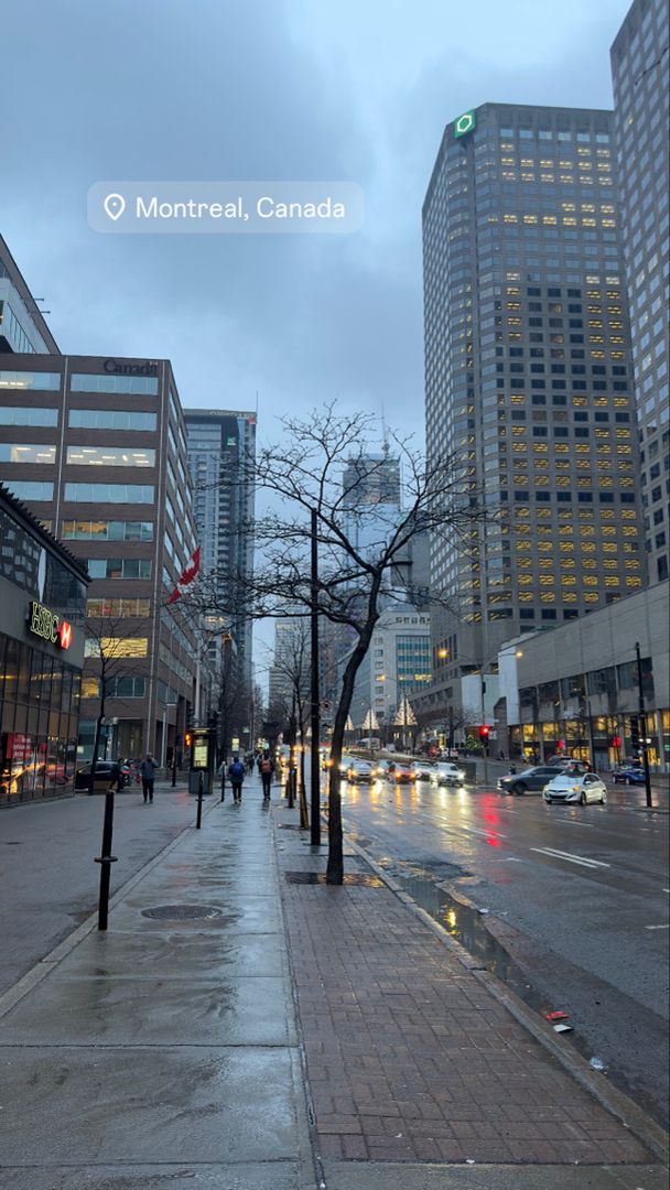 people walking down the street in front of tall buildings at dusk with rain on them