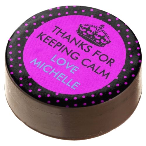 a pink and black polka dot covered cake with the words thanks for keeping calm on it