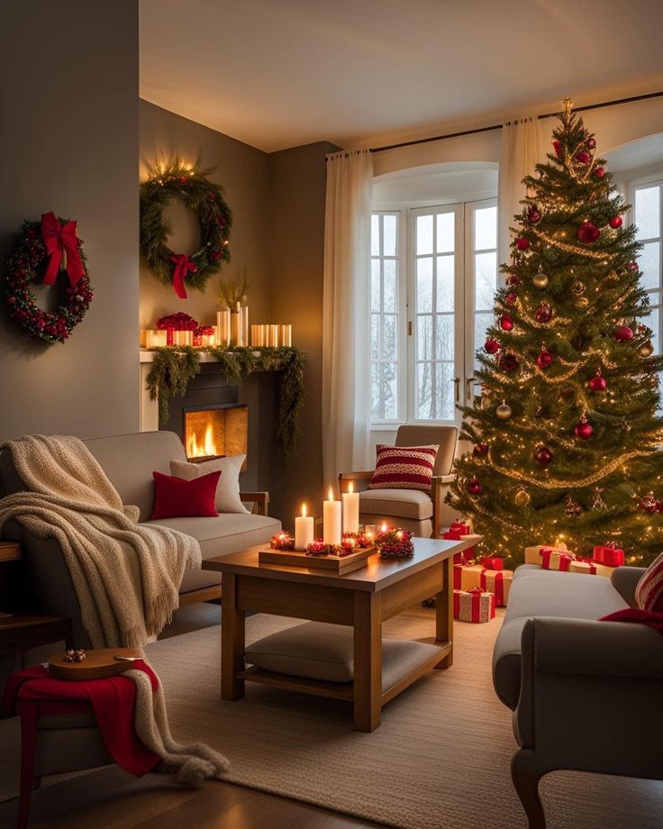 a living room filled with furniture and a christmas tree