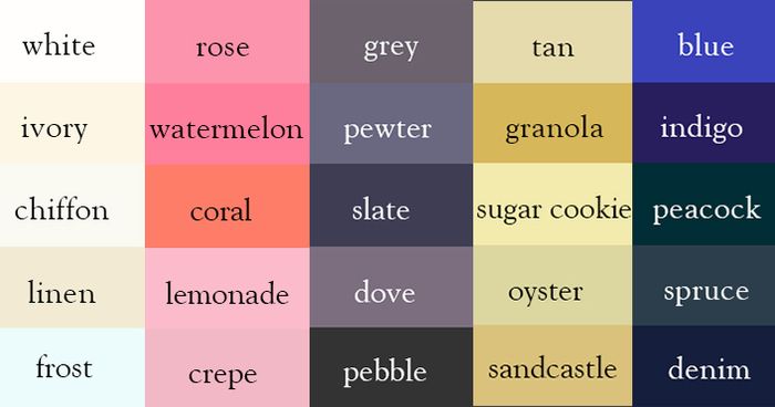 the words in different colors are shown on a grided background, including white, grey, blue, pink, and orange