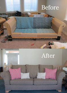 before and after photos of a couch being reupholed